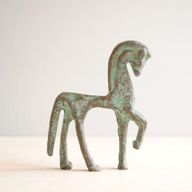 Vintage Etruscan Style Small Brass Horse Figurine, Mid Century Tiny Brass Horse, Green Oxidized Metal Horse Statue 