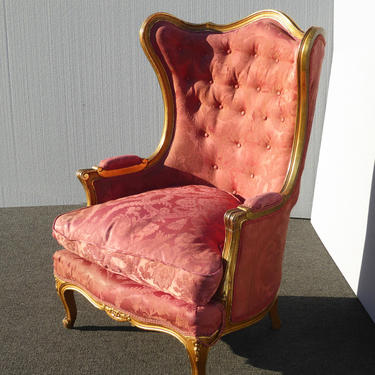 Vintage French Provincial Rococo Louis XVI Red Rose Accent Chair Down Cushion 