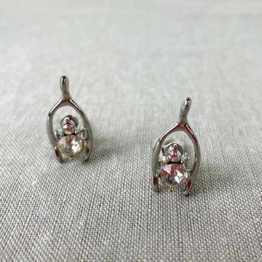 Wishbones with rhinestones clip on earrings - 1960s vintage 
