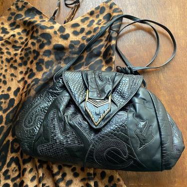 Vintage Black Leather 80’s Handbag Purse Patchwork Style Clutch Bag 