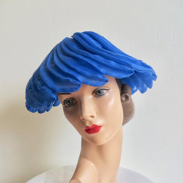 Vintage 1960's Royal Blue Cobalt Pleated Organza Petal Hat Spring Bridal Party 60's Millinery Marshal Field & Company 