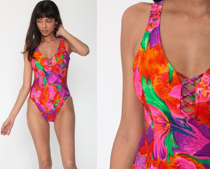 Vintage 1990s Bright And Colourful Floral Swimsuit