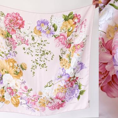 Vintage Valentino Light Pink Botanical Floral Print Hand Rolled Silk Scarf | Made in Italy | 100% Silk | Large 33x35 | Designer Silk Scarf 