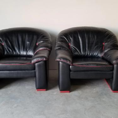 1980s Postmodern Style Italian Black Leather Club Lounge Chairs - a Pair 
