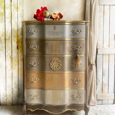 Bassett Bronze and Gold French Country Dresser | Boho French Provincial Dresser | English Roses | Eclectic Living Room. 