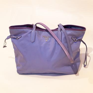 Vintage PRADA Lavender Nylon Open Tote Bag Tessuto Medium Leather Handles Drawstring Minimal Purple 