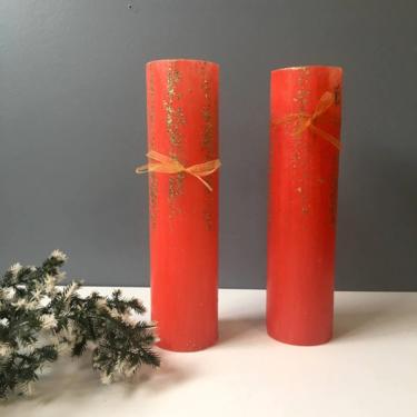 Red and glitter Christmas pillar candles - a pair - 1960s vintage 