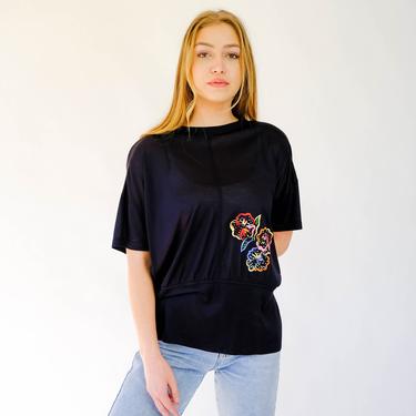 Vintage 80s Escada Black Silk Short Sleeve Blouse w/ Vibrant Floral Embroidery | Made in W. Germany | 100% Silk | 1980s Designer Silk Shirt 