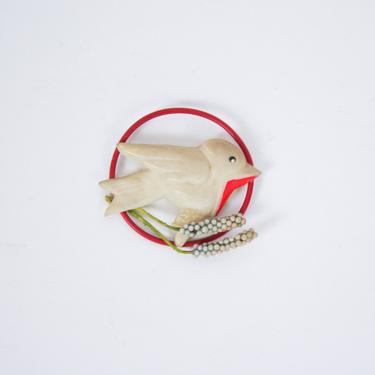 Vintage 30s Brooch | Vintage celluloid bird brooch | 1930s plastic circle pin with bird 