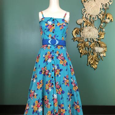 1970s sundress, vintage 70s dress, spaghetti strap, turquoise floral, fit and flare, small, full skirt, summer dress, 70s does 50s, 25 26 