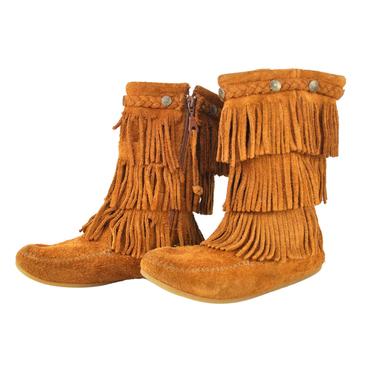 Vintage Kids Minnetonka Moccasin Boots Fringed Boots Brown Suede Leather Concho Embellishments Size 4 Youth 