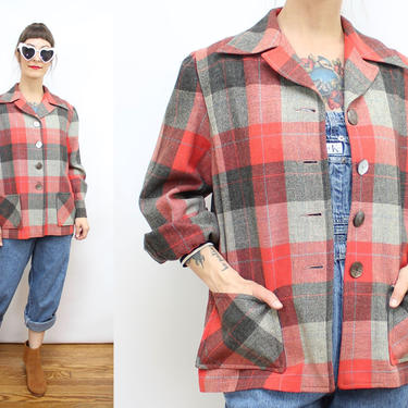 Vintage 50's Red Gray PENDLETON 49'er Chore Jacket / 1950's Wool Plaid Pendleton Blouse / Flannel with Pockets / Women's Size Medium Large by Ru