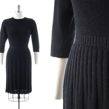 Vintage 1940s 1950s Sweater Dress | 40s 50s Black Knit Wool Three Quarter Sleeve Stretchy Sheath Dress (x-small/small) 
