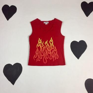 90&#39;s y2k glitter flames graphic sleeveless T-shirt 1990&#39;s 00&#39;s red racer flame print cotton sparkly muscle shirt slit collar Self Esteem M 