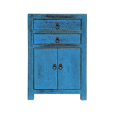 Distressed Crackle Bright Blue Lacquer Two Drawers End Table Nightstand cs6194E 