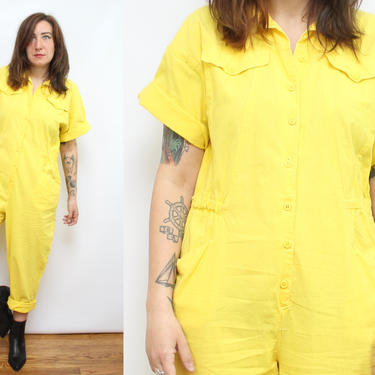 Vintage 80's Electric Yellow Cotton Jumpsuit / 1980's Bright and Bold Jumpsuit / Workwear / WOmen's Size Medium by Ru