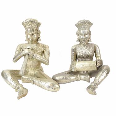Vintage Hammered Tin Covered Sculptures of Hindu Musicians Playing Instruments 