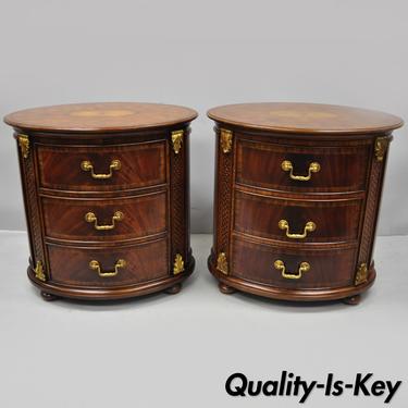 Pair of Maitland Smith Oval Inlaid 3 Drawer Nightstands Commode End Tables Chest