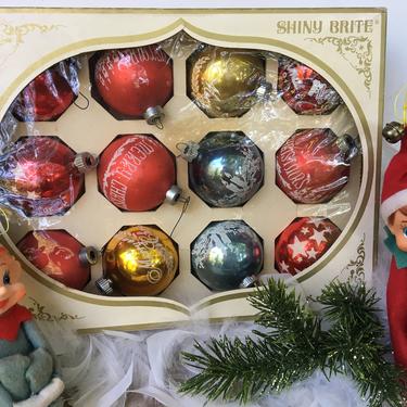 Vintage Shiny Brite And Made In USA Ornaments In Shiny Brite Box, Red Blue Gold, Christmas Tree Decor 