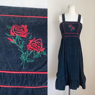 Vintage 1970s Black Corduroy Rose Jumper Dress / XXS 