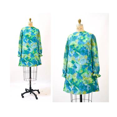 60s 70s Vintage Floral Print Dress Small Medium Green Blue Vintage Floral Print 60s 70s mini dress with long sleeves 