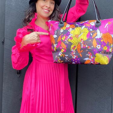 Mid Mod Floral Florescent Shoulder Handbag ~ Vintage Floral Print Handbag ~ Floral Printed Shoulder Handbag ~ Trailing Bright Flowers 
