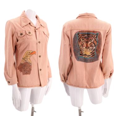 70s hand drawn denim custom jacket M / vintage 1970s novelty animal print brushed cotton button down shirt jacket S-M 