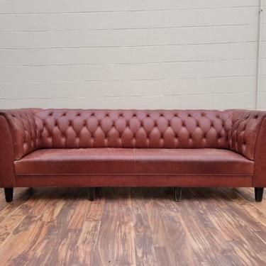 English Distressed Tufted Brandy Leather Scroll Arm Chesterfield Sofa