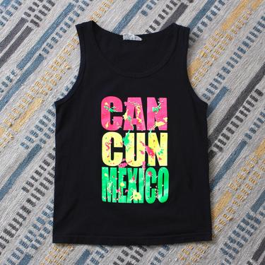 Vintage 1990s Cancun Men's Muscle Tee - Unisex Neon Tank Top Summer Cotton T Shirt - S 