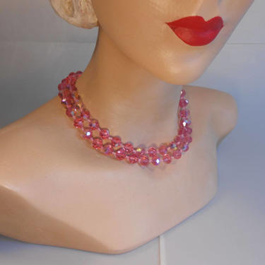 Oh This Old Thing - Vintage 1950s Rose Pink Aurora Borealis Cut Crystal 2 Strand Necklace 