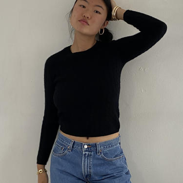 80s cashmere sweater / vintage black pure 100% cashmere mini cable ribbed knit cropped raglan Saks Fifth Ave sweater | XS S 