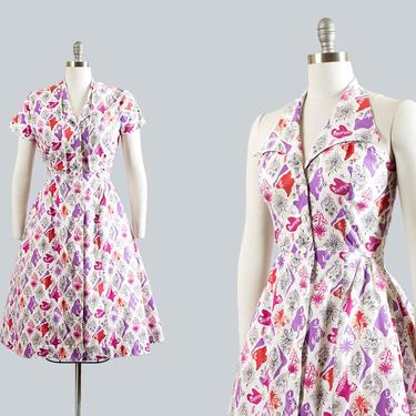 Vintage 1950s Dress Set | 50s HORROCKSES Floral Harlequin Print Cotton Full Skirt Sundress Matching Bolero Jacket (medium) 