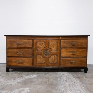 Basset Chinoiserie Vintage 1970’s Burl Wood Accent Credenza