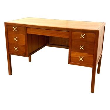 Rare Danish Modern Solid Teak Desk with X Brass Handles and Cane Back