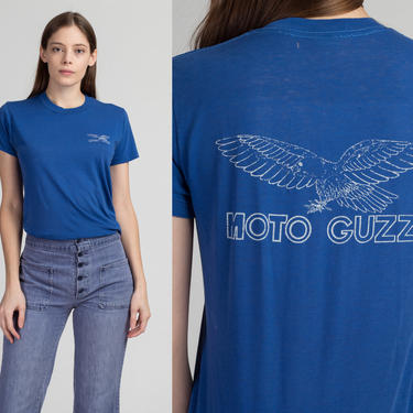 70s 80s Moto Guzzi Italian Motorcycle T Shirt - Medium | Vintage Blue Paper Thin Burnout Single Stitch Graphic Tee 