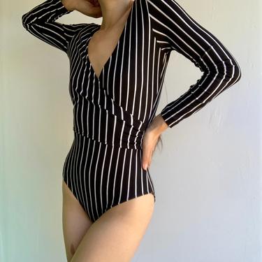Black with White Stripes Long Sleeve Nylon Bodysuit 