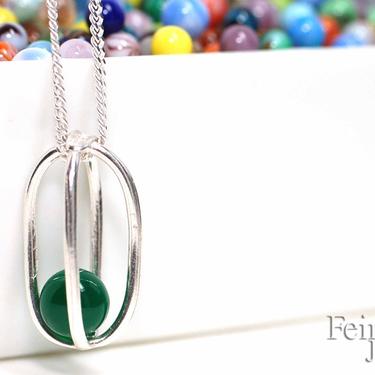 Gravity Collection: Sterling Silver Necklace with Floating Green Onyx - Sterling Silver 18 Inch Chain- Free US Shipping 