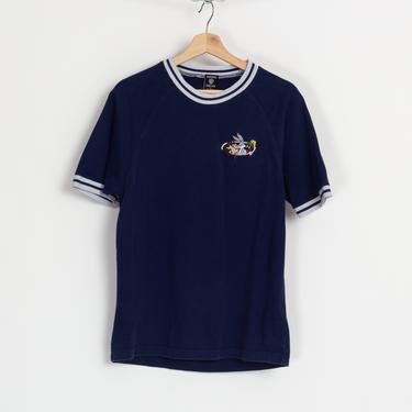 90s Looney Tunes Navy Blue Ringer Tee - Small | Vintage Unisex Striped Trim Embroidered Cartoon Patch T Shirt 