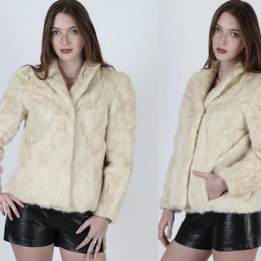Feathered Blonde Mink Fur Coat / Vintage 80s Real Fur Cropped Jacket / Patchwork Casual Short Jacket With Pockets 