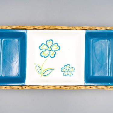 Ceramic Divided Dish with Wicker Caddy, Mid Century Modern | Vintage Blue and Green Daisies Serving Dish with Basket | UCAGCO Ceramics Japan 