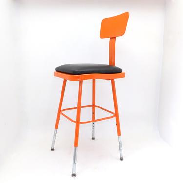 Mid Century Modern Orange Industrial Drafting Stool Chair Adjustable Height Chrome Legs New Upholstery Aviation Decor Office Barstool 