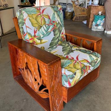 Restored Midcentury Hand Carved Palm Leaf Koa Wood Lounge Chair 