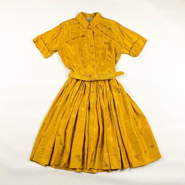 50s Marshall Field And Co Mustard Yellow Silk Damask Shirt Dress / Fit and Flare / Full Skirt / Shirtwaist / New Look / Pin Up / M / 