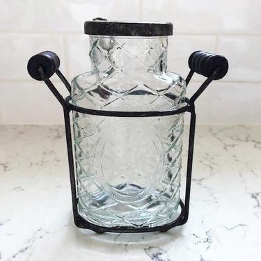 Vintage Rustic Farmhouse Cheese or Sugar Clear Glass Shaker with Metal top and Carrier w/ Wood Handles by LeChalet