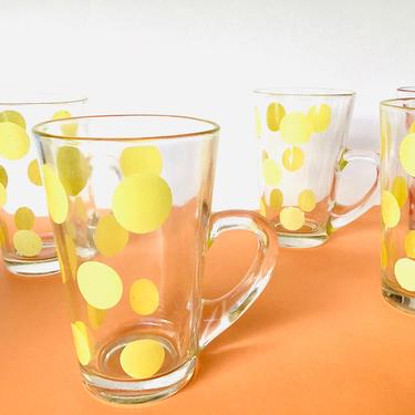 Vintage 6 Yellow Polka Dot Glass Mugs -- 1950s Mid Century Fun 