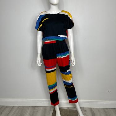 Vtg 80s stretch cotton avant garde abstract print jumpsuit SM 