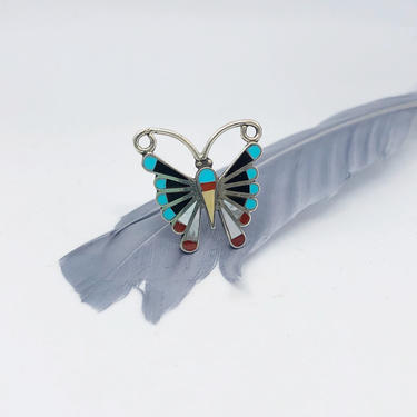 SOCIAL BUTTERFLY Silver Zuni Inlay Butterfly Ring | Adrian Wallace AW Butterfly Necklace | Native American Jewelry, Southwestern | Size 9 