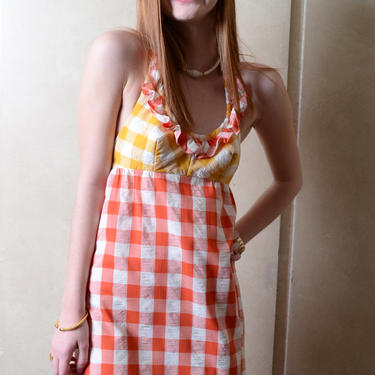 Vintage Saks Fifth Avenue Gingham White Halter Dress with Red and Yellow Checks 