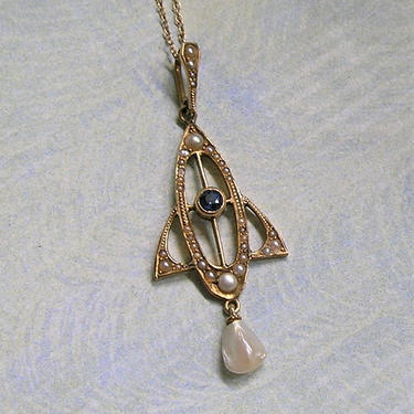 Antique 14K Gold Lavaliere Pendant With Sapphire and Seed Pearls, Antique Gold Lavaliere Pendant, Edwardian Necklace, Wedding Necklace #3683 