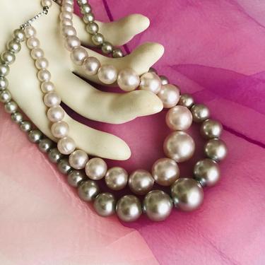 Double Strand Necklace, Chunky, Faux Grey and Ivory Pearls, Vintage 